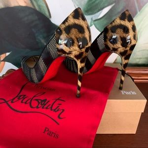 Christian Louboutin Black Mesh Leopard Patent Bandy Pumps